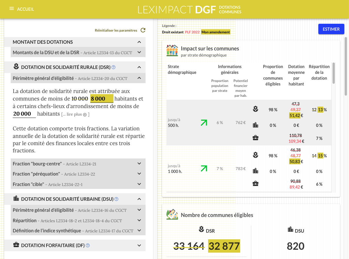 Capture d'écran du simulateur dotations communales